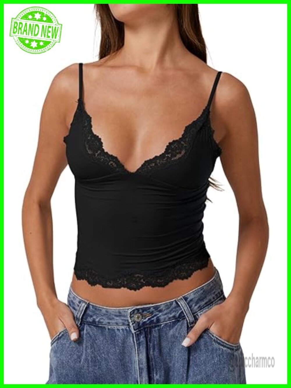 Double Layer Crop Cami V-Neck Lace Trim Tank Top with Adjustable Straps